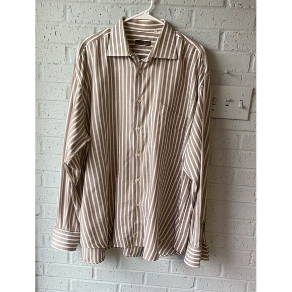 Tiglio Shirt Men  Beige Rustic Strip Cotton Dress Button Up Made in Italy 34/35 - Picture 1 of 14